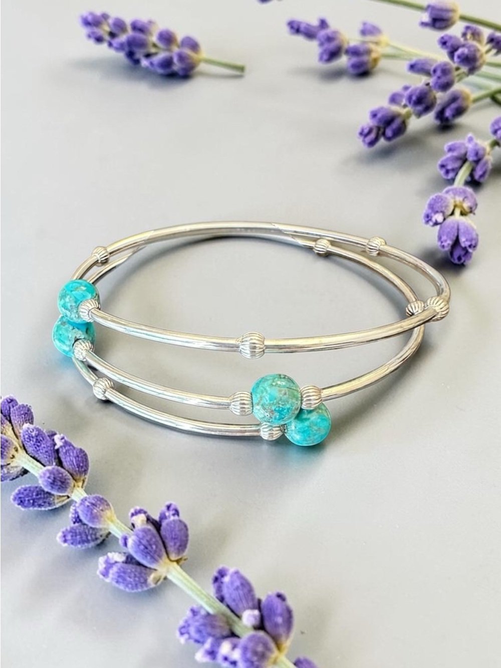 Silver-Tone Stackable Bangle Bracelet with Turquoise Beads